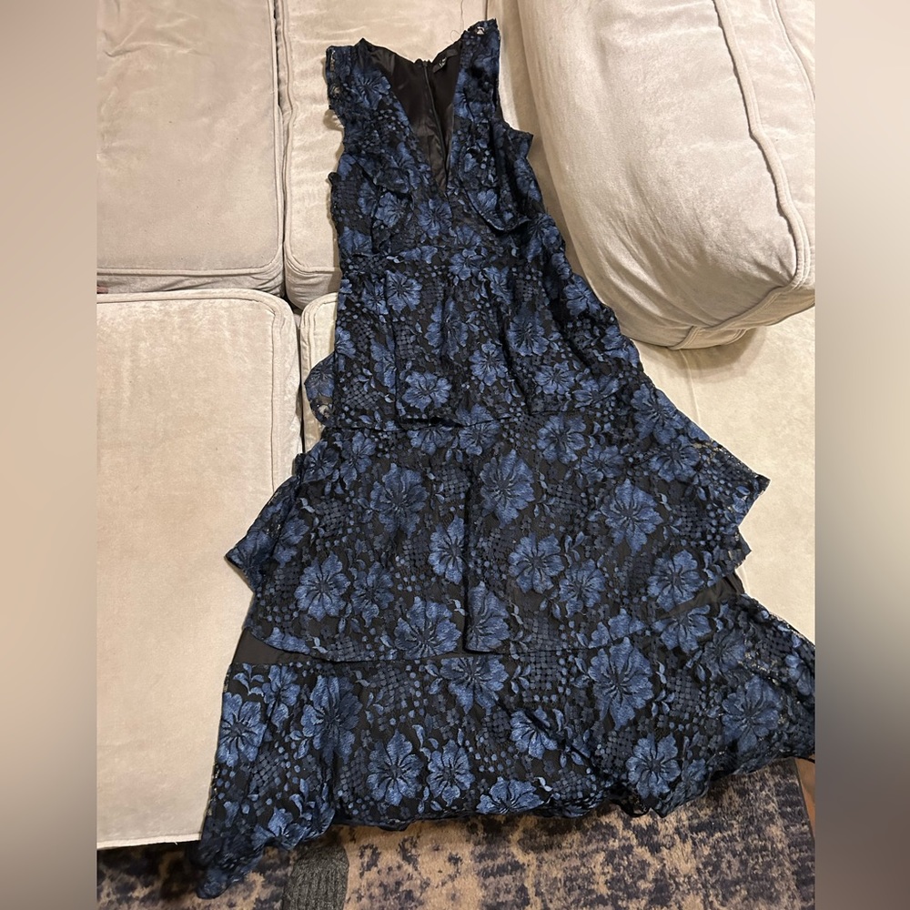 Lulus medium blue lace ruffle long dress